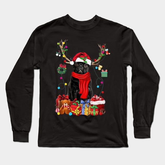 Black Pug Reindeer Xmas Lights Merry Christmas Long Sleeve T-Shirt by cogemma.art